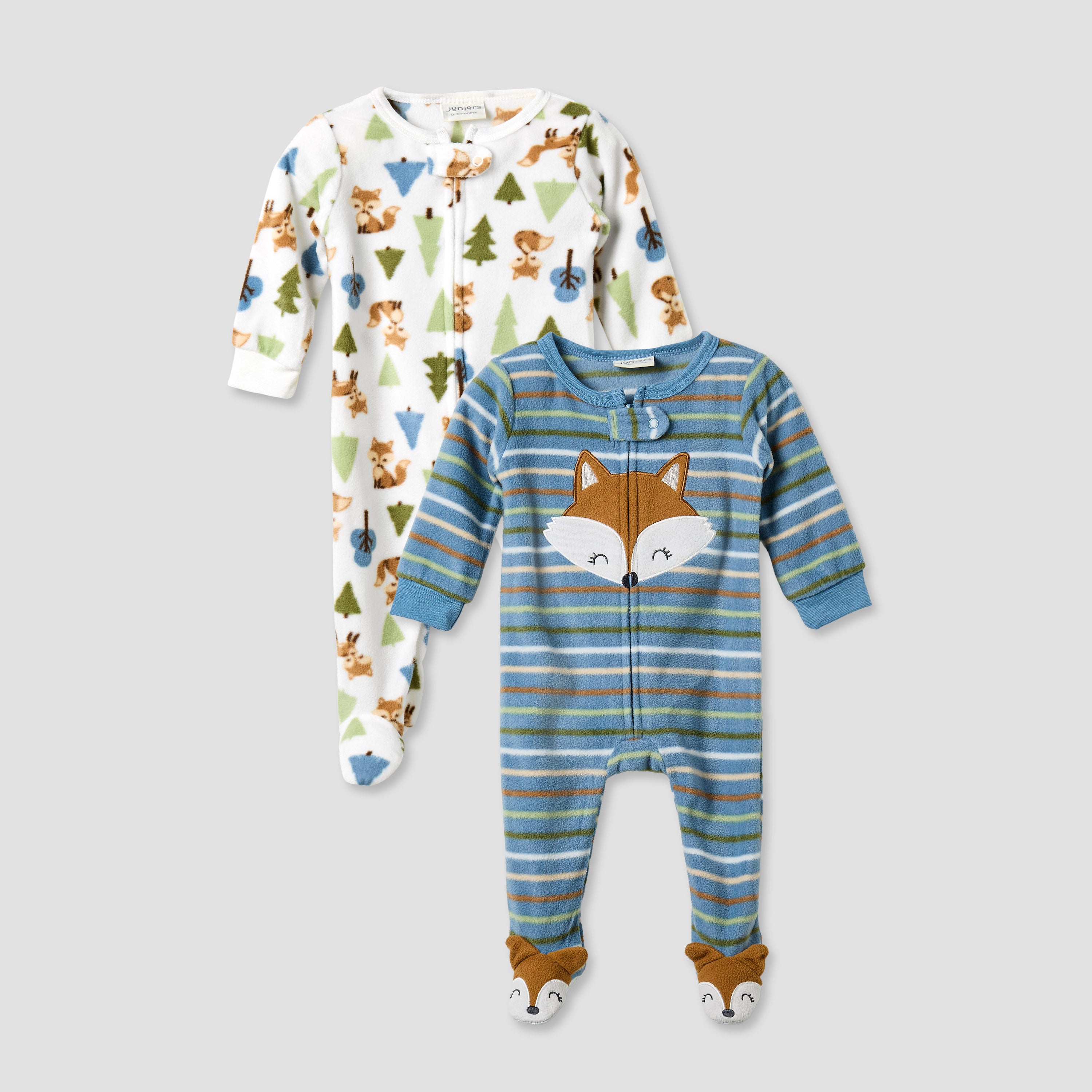 Juniors Round Neck Sleepsuit with Closed Feet - Polyester - Long Sleeves - Set of 2 - Blue / 9-12 mths