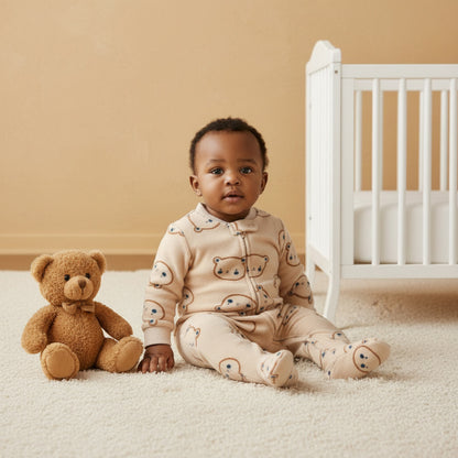 Juniors All-Over Teddy Print Micro Fleece Sleepsuit with Zip Closure