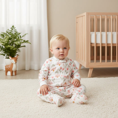 Juniors Round Neck Sleepsuit with Floral Print - Polyester - Long Sleeves