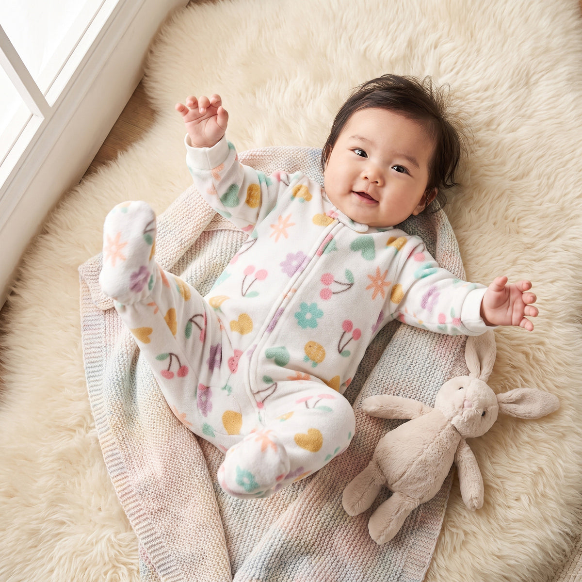 Juniors Fleece Mandarin Collar Long Sleeves Sleepsuit with Floral Print