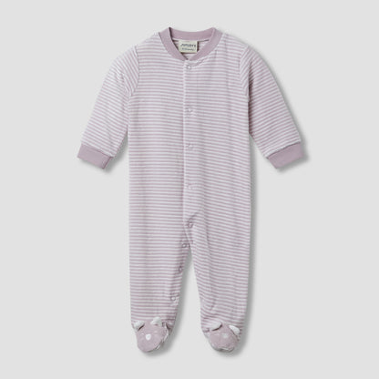 Juniors Round Neck Sleepsuit with Stripes - Cotton Blend - Long Sleeves - Purple / 9-12 mths