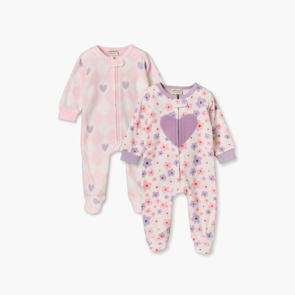 Pack of 2 Juniors Fleece Crew Neck Long Sleeves Sleepsuit with Zip Closure