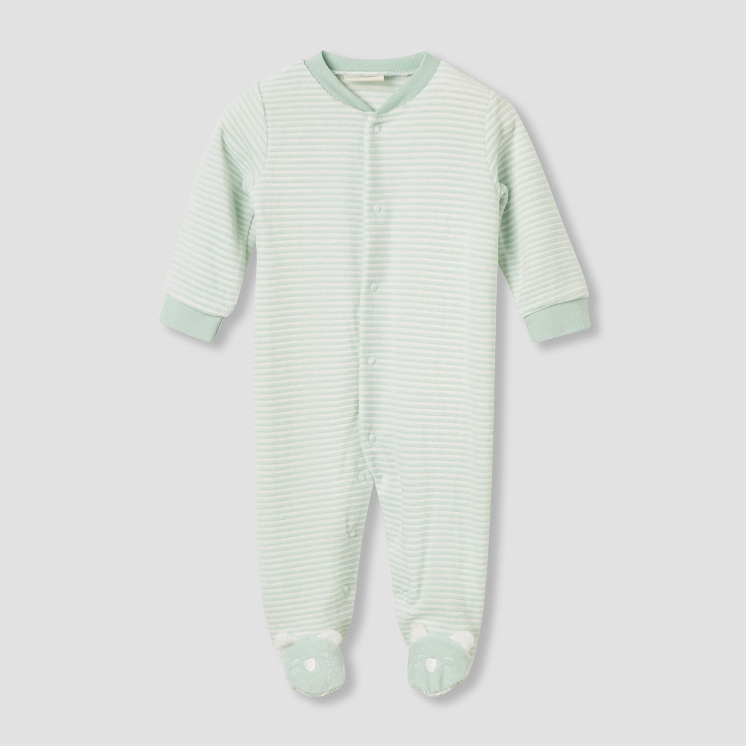 Juniors Crew Neck Sleepsuit with Stripes - Cotton Blend - Long Sleeves - Green / 9-12 mths