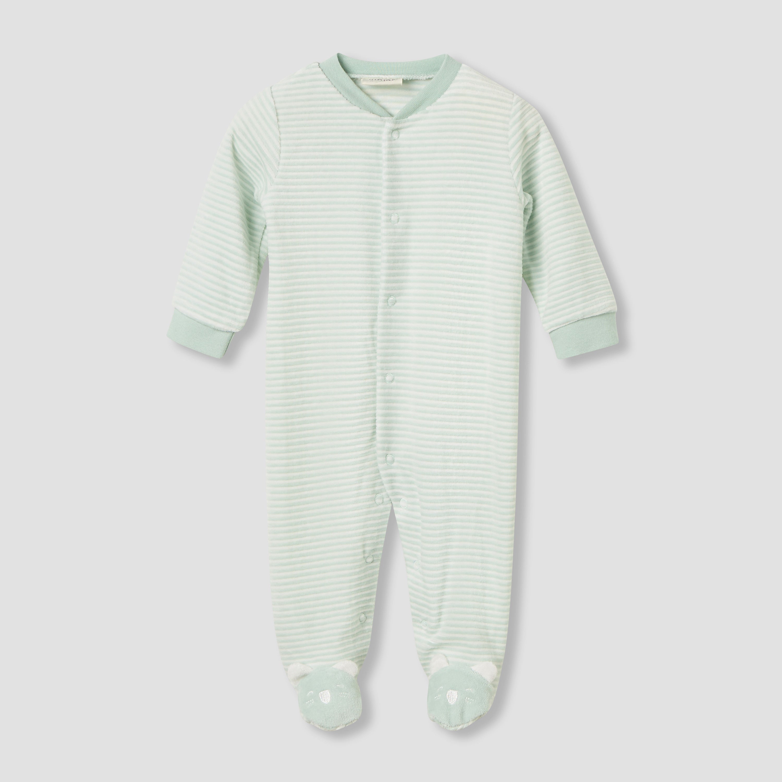 Juniors Crew Neck Sleepsuit with Stripes - Cotton Blend - Long Sleeves - Green / 9-12 mths