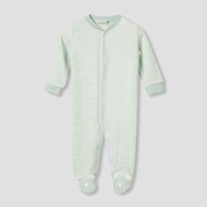 Juniors Crew Neck Sleepsuit with Stripes - Cotton Blend - Long Sleeves - Green / 9-12 mths