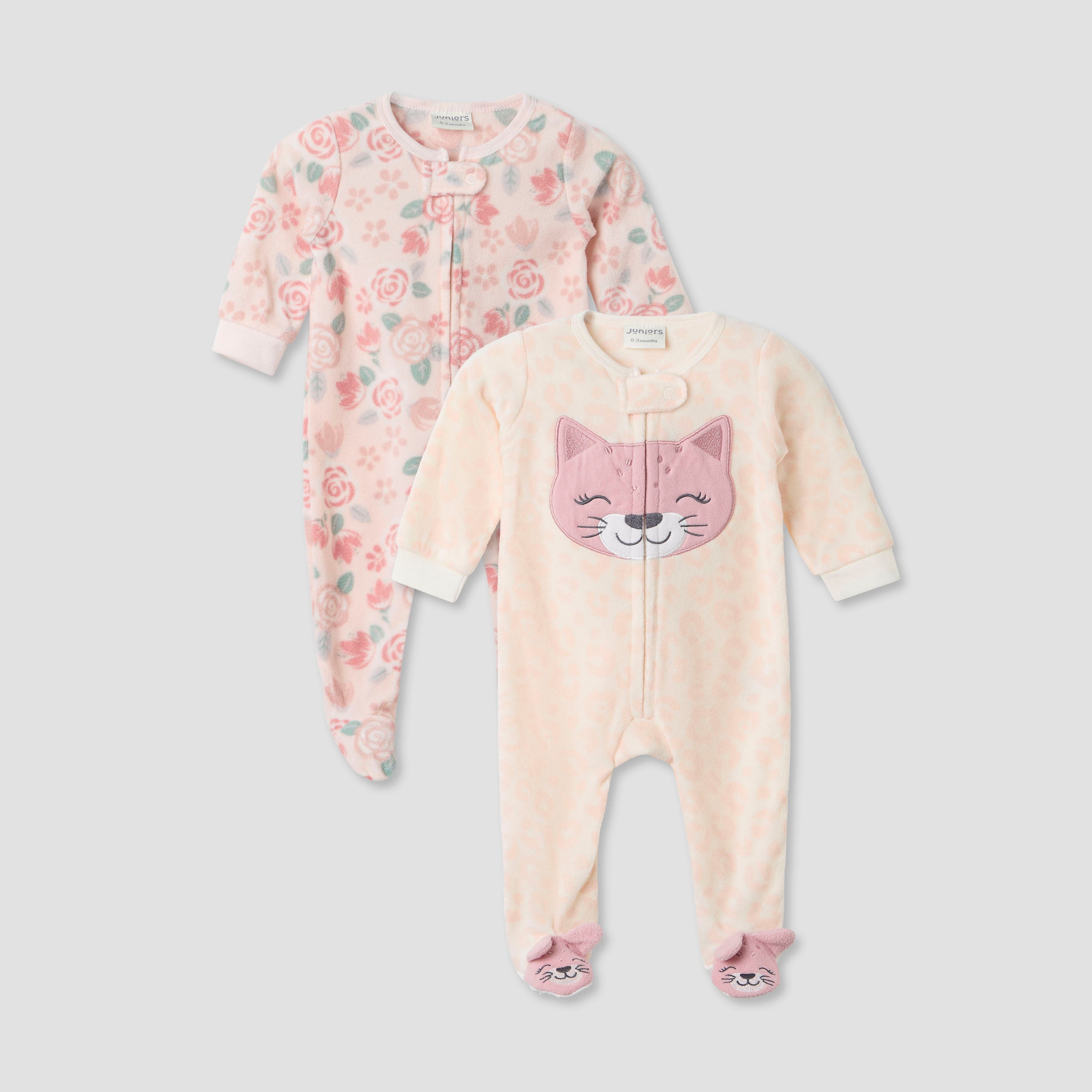 Juniors Round Neck Sleepsuit with Print - Polyester - Long Sleeves - Set of 2 - Pink / 9-12 mths