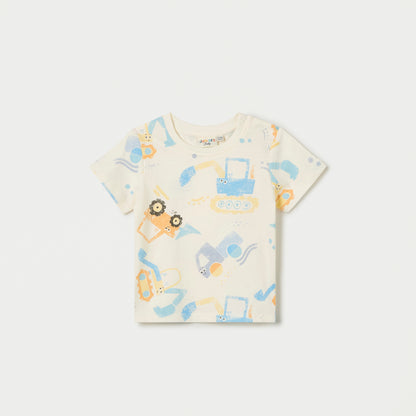 Juniors All-Over Print T-shirt with Crew Neck and Short Sleeves - Cream / 12-18 mths
