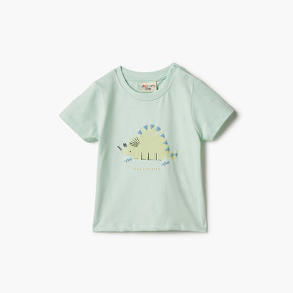Juniors Graphic Print Crew Neck T-shirt with Short Sleeves and Button Closure - Green / 12-18 mths