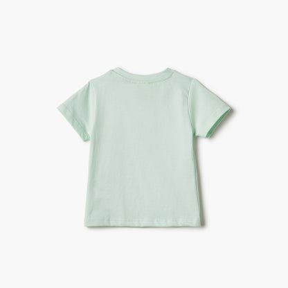 Juniors Graphic Print Crew Neck T-shirt with Short Sleeves and Button Closure