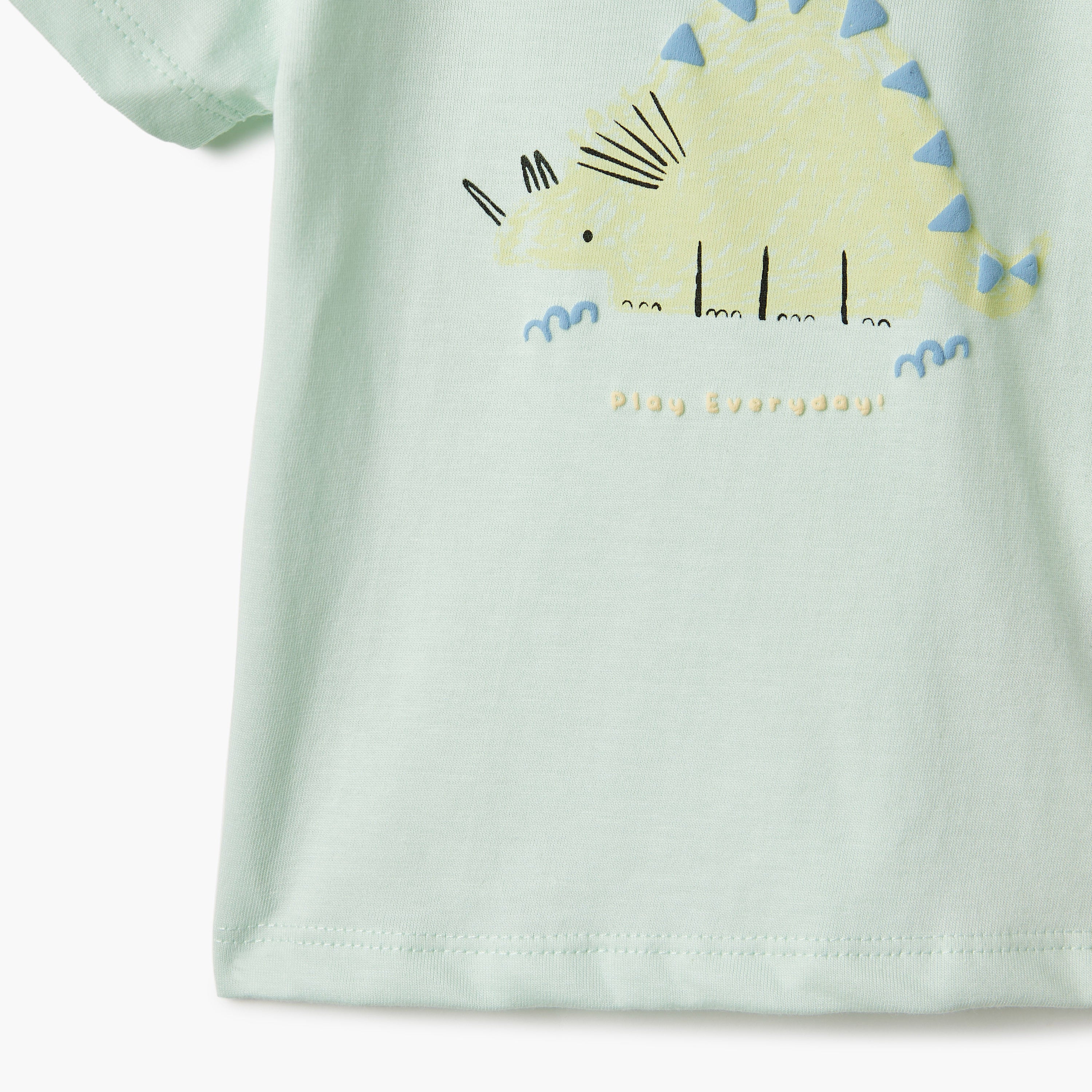 Juniors Graphic Print Crew Neck T-shirt with Short Sleeves and Button Closure