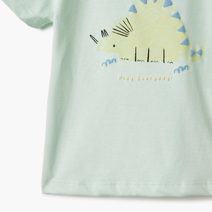 Juniors Graphic Print Crew Neck T-shirt with Short Sleeves and Button Closure