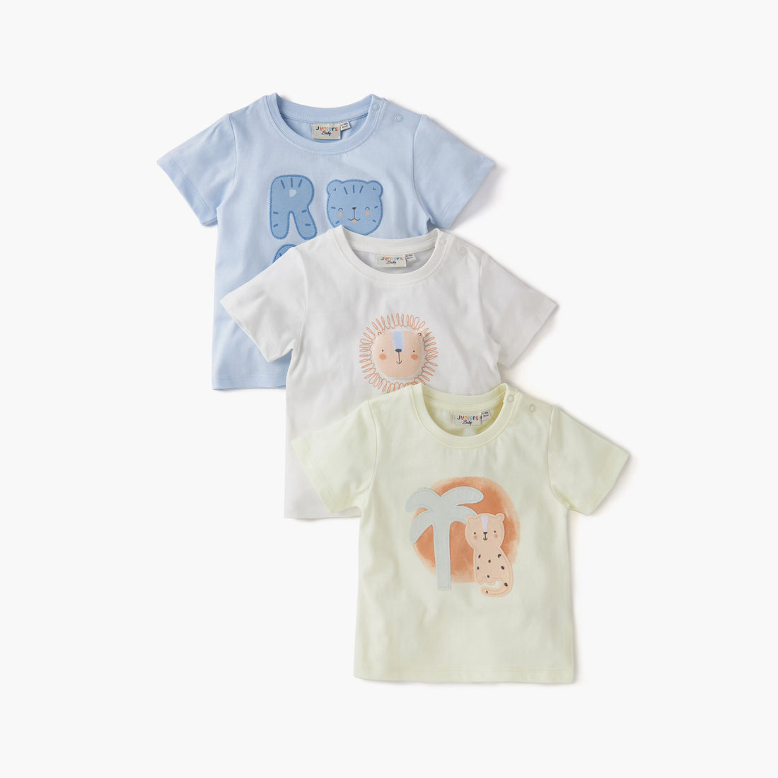 Juniors Animal Print Crew Neck T-shirt with Short Sleeves and Button Closure - Set of 3 - Multicolour / 12-18 mths