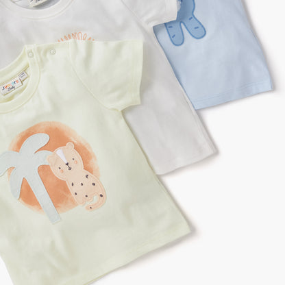 Juniors Animal Print Crew Neck T-shirt with Short Sleeves and Button Closure - Set of 3