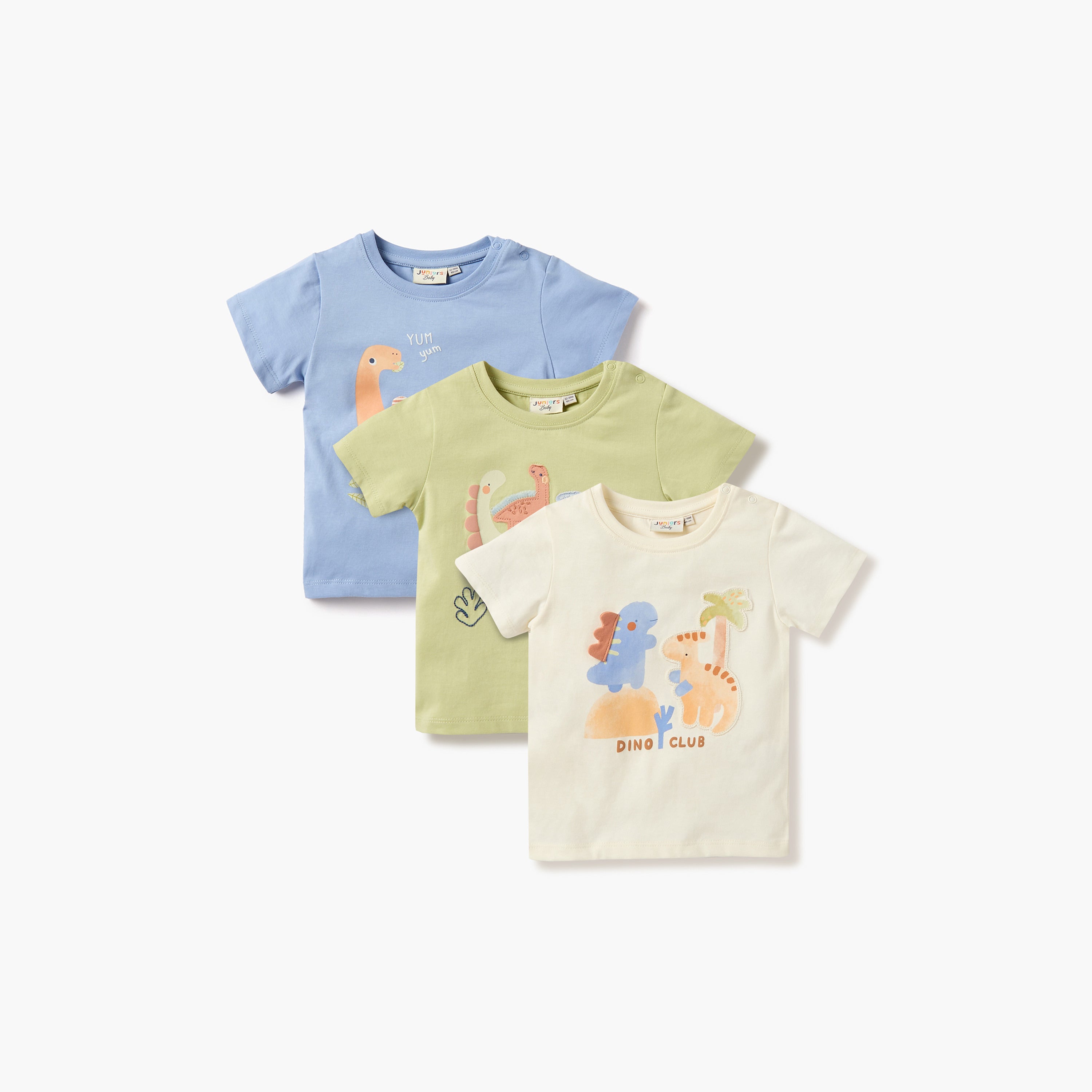 Juniors Dino Print Crew Neck T-shirt with Button Closure - Set of 3 - Multicolour / 12-18 mths