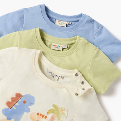 Juniors Dino Print Crew Neck T-shirt with Button Closure - Set of 3
