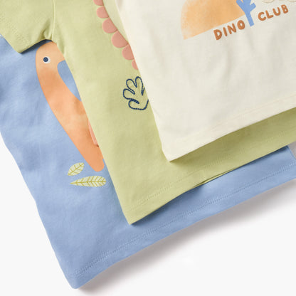 Juniors Dino Print Crew Neck T-shirt with Button Closure - Set of 3