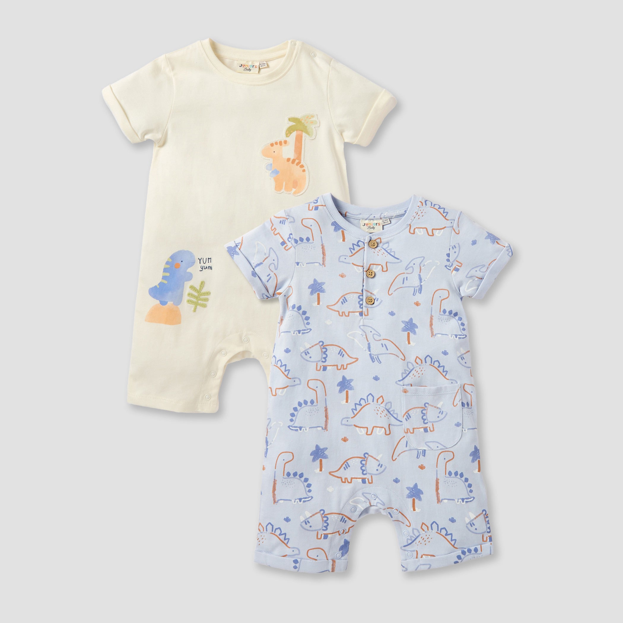 Juniors Dinosaur Print Romper with Crew Neck - Set of 2 - Multicolour / 12-18 mths