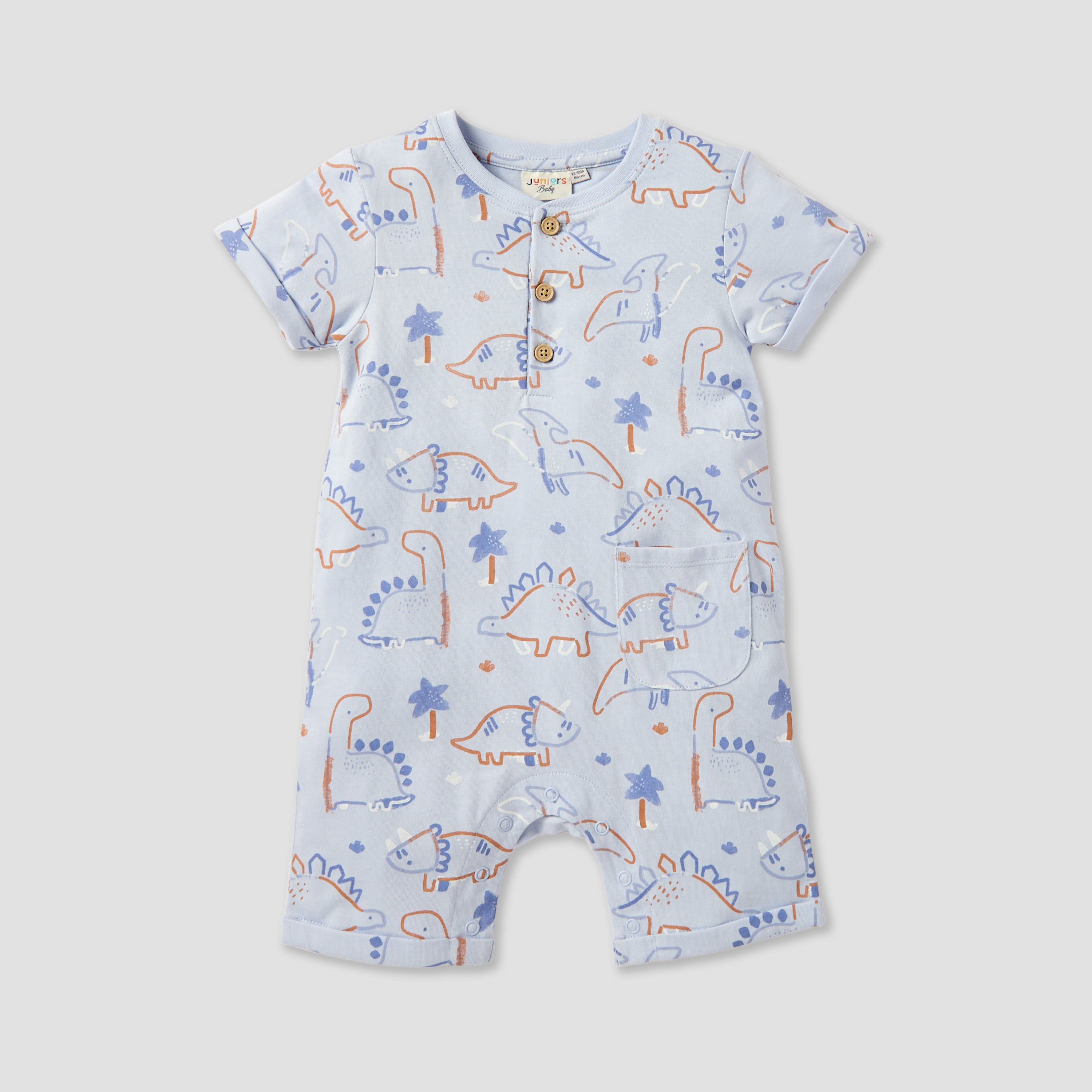 Juniors Dinosaur Print Romper with Crew Neck - Set of 2