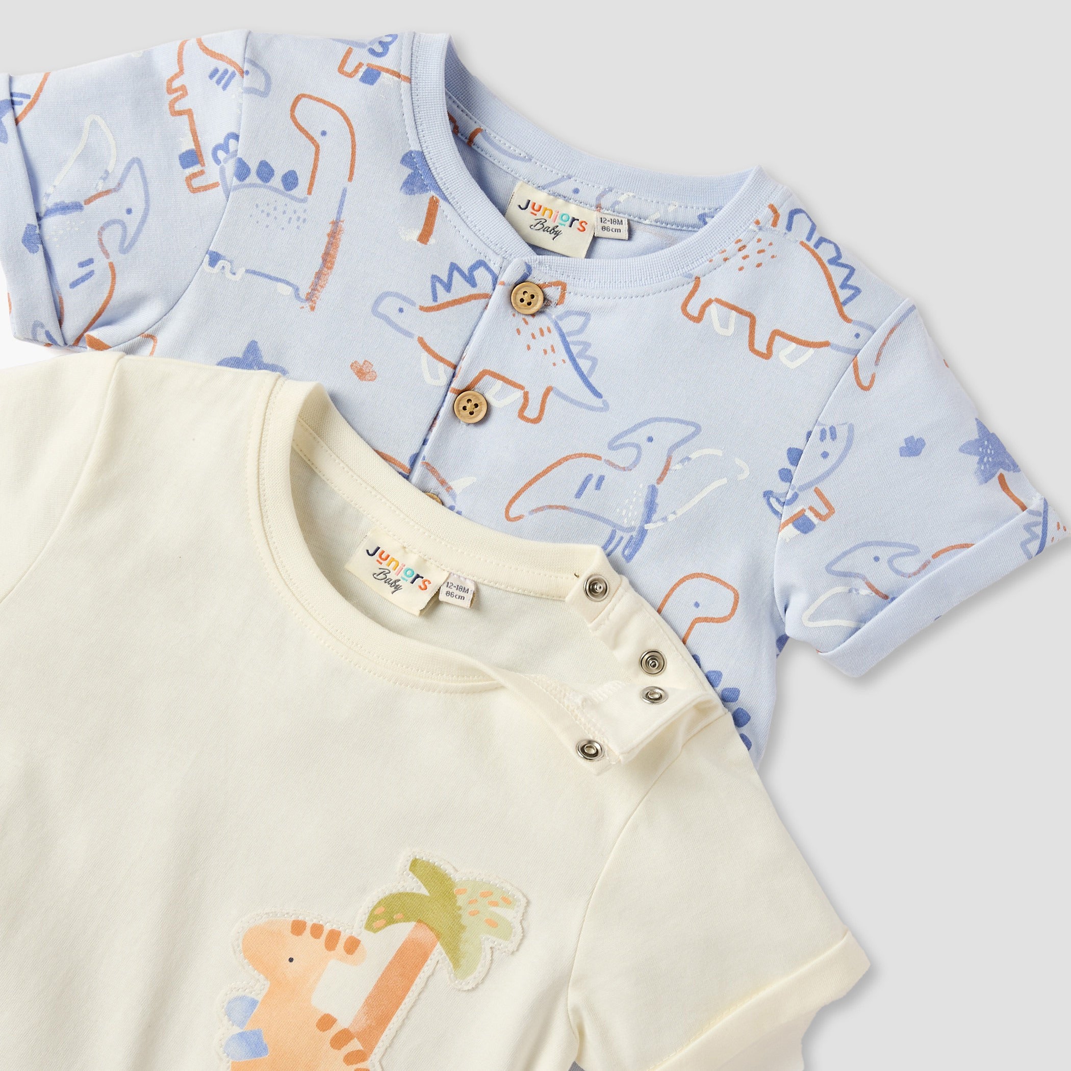Juniors Dinosaur Print Romper with Crew Neck - Set of 2