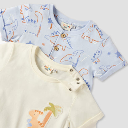 Juniors Dinosaur Print Romper with Crew Neck - Set of 2