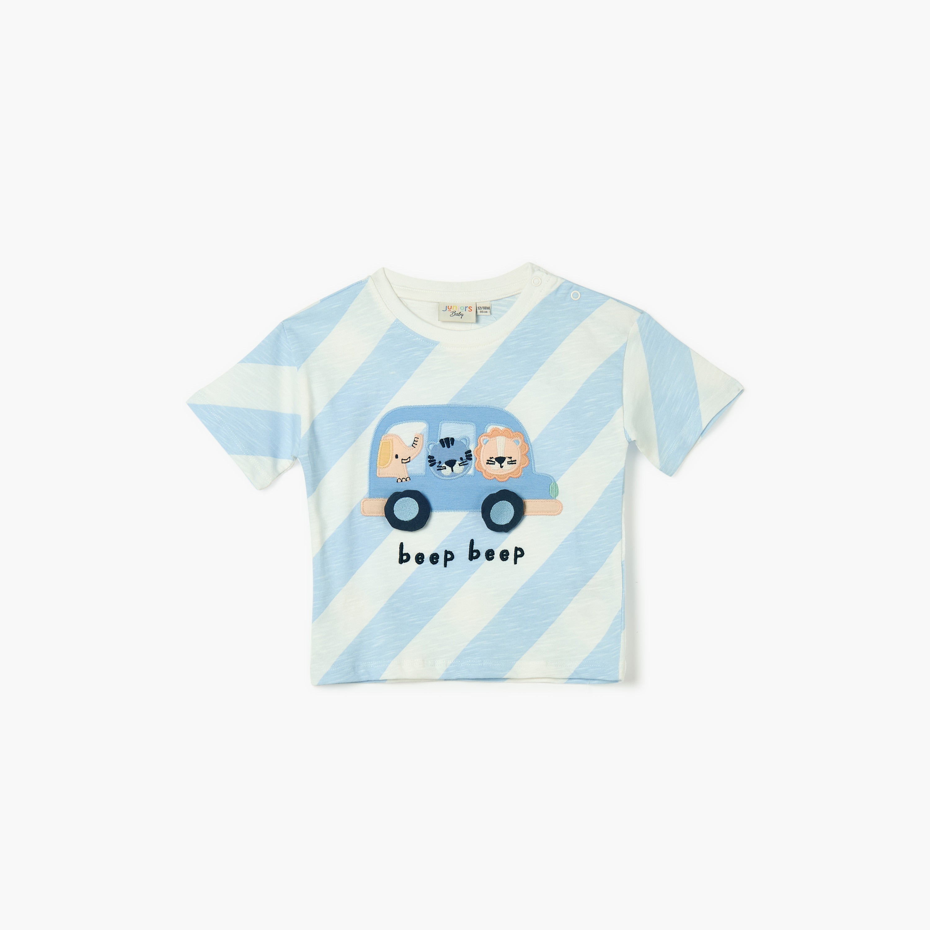 Juniors Car Applique Crew Neck T-shirt with Short Sleeves - Blue / 12-18 mths