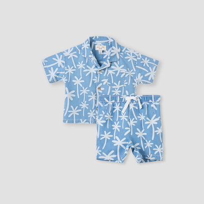 Juniors All-Over Palm Tree Print Shirt and Shorts Set - Blue / 12-18 mths