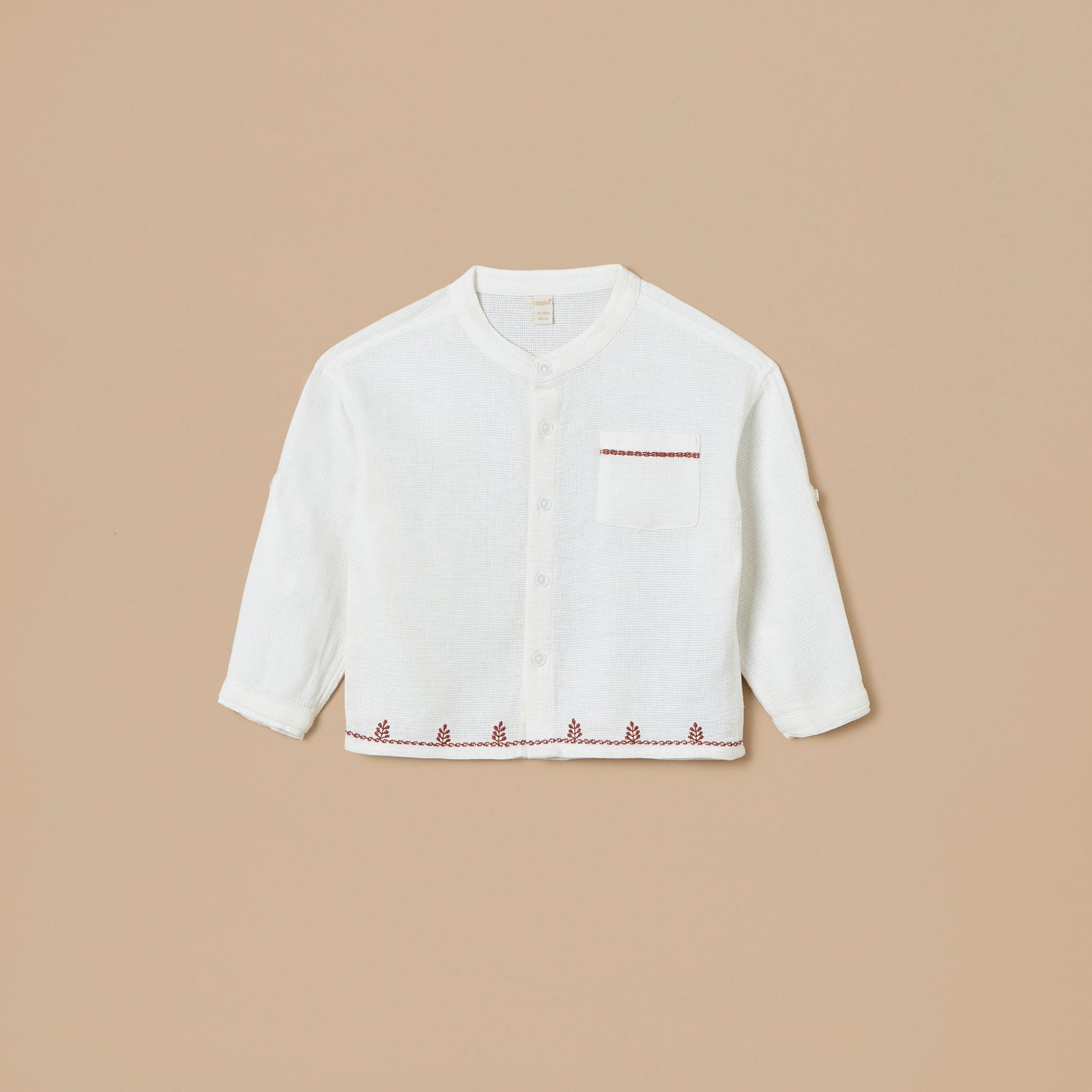 Giggles Embroidered Mandarin Collar Shirt with Button Closure and Front Pocket - White / 12-18 mths