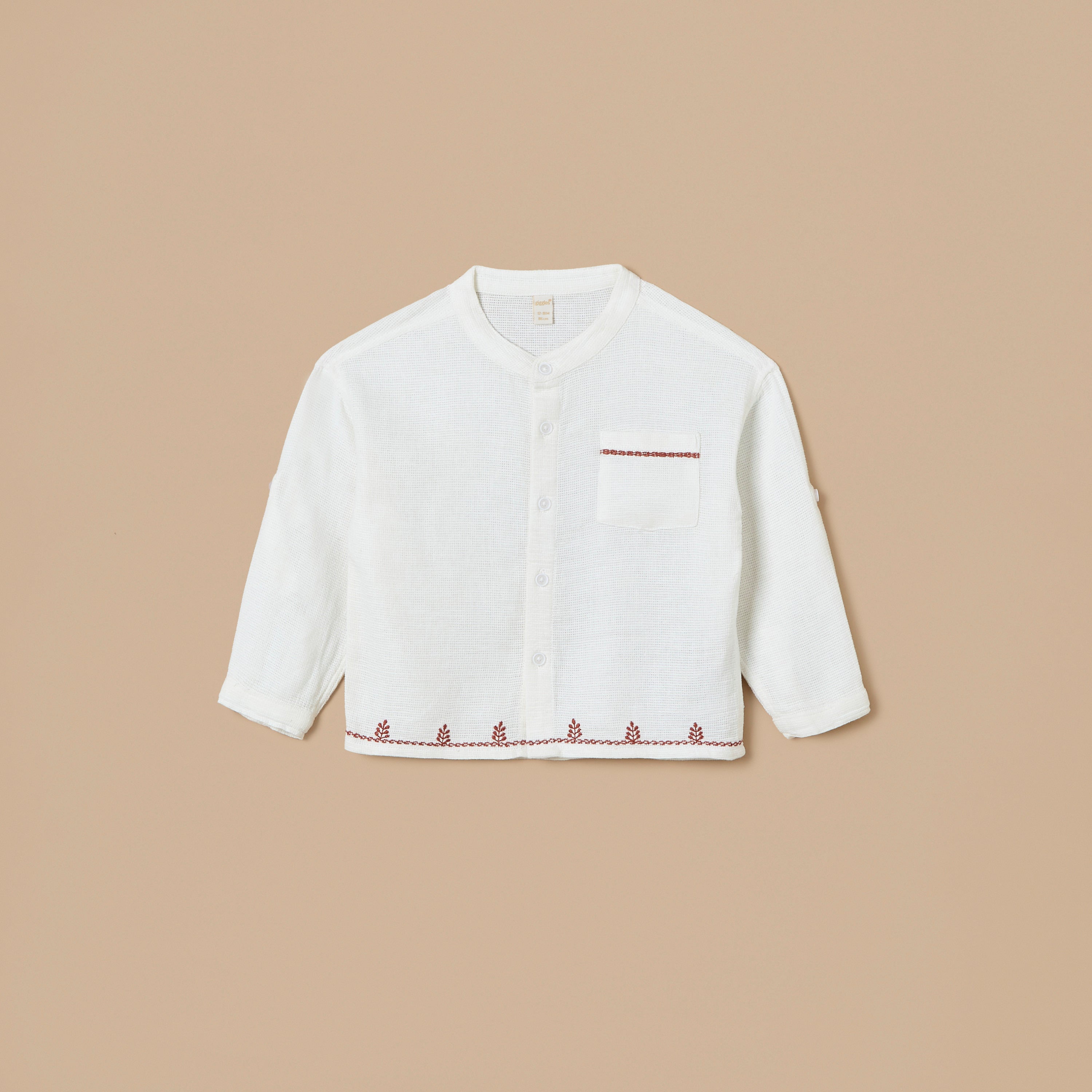 Giggles Embroidered Mandarin Collar Shirt with Button Closure and Front Pocket - White / 12-18 mths