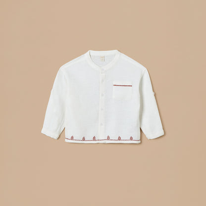 Giggles Embroidered Mandarin Collar Shirt with Button Closure and Front Pocket - White / 12-18 mths