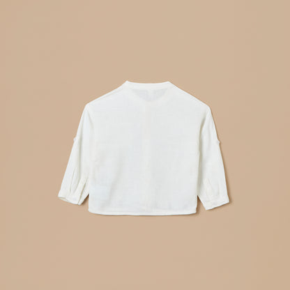 Giggles Embroidered Mandarin Collar Shirt with Button Closure and Front Pocket