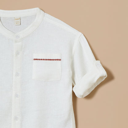 Giggles Embroidered Mandarin Collar Shirt with Button Closure and Front Pocket