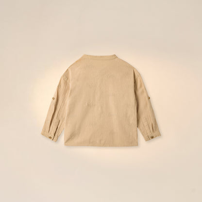 Giggles Embroidered Shirt with Mandarin Collar and Long Sleeves