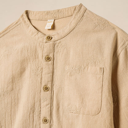 Giggles Embroidered Shirt with Mandarin Collar and Long Sleeves