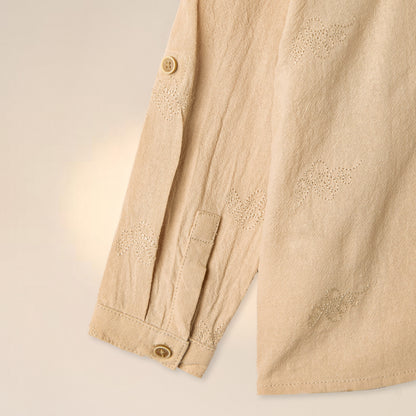 Giggles Embroidered Shirt with Mandarin Collar and Long Sleeves