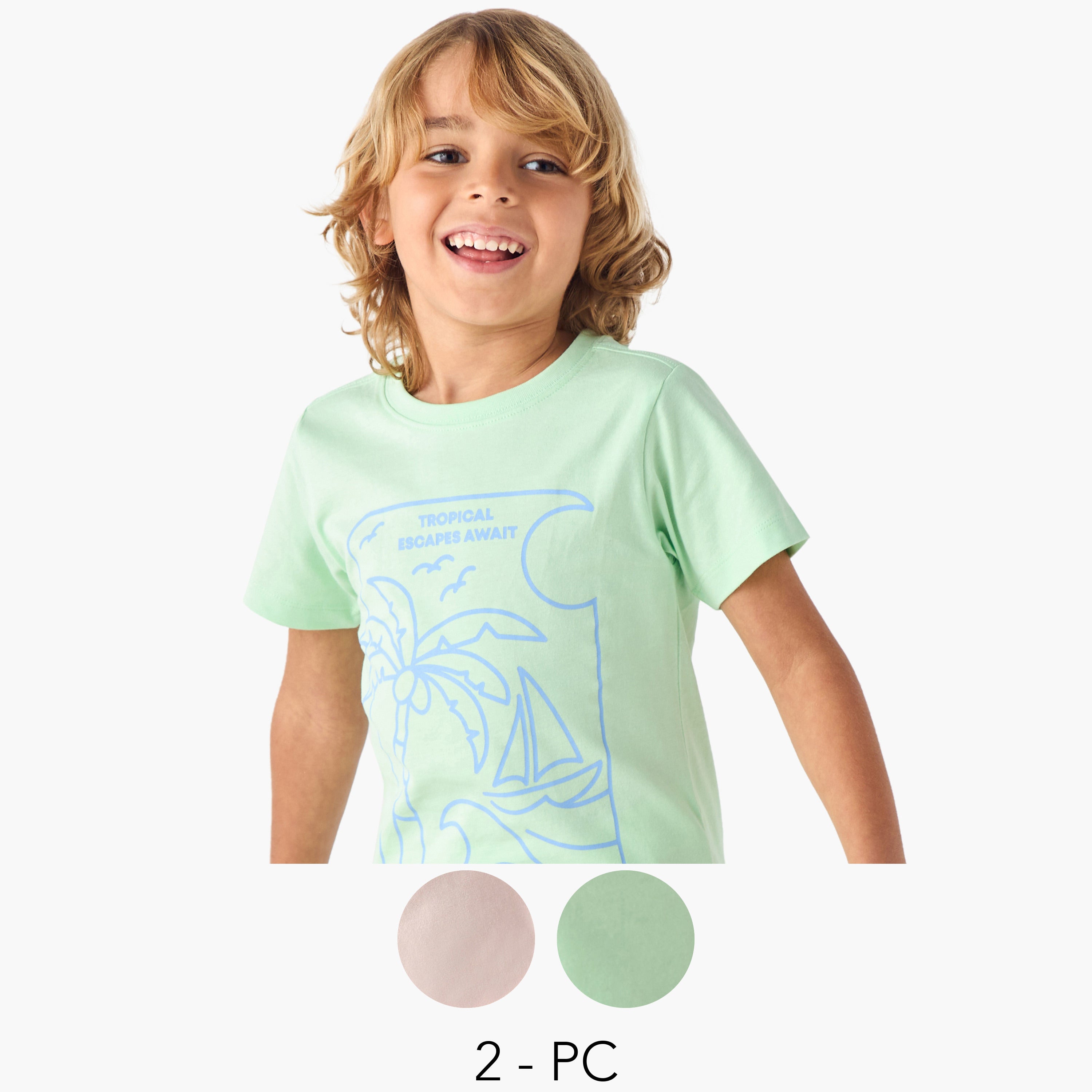 Juniors Tropical Print Crew Neck T-shirt - Set of 2 - Multicolour / 1-2 yrs