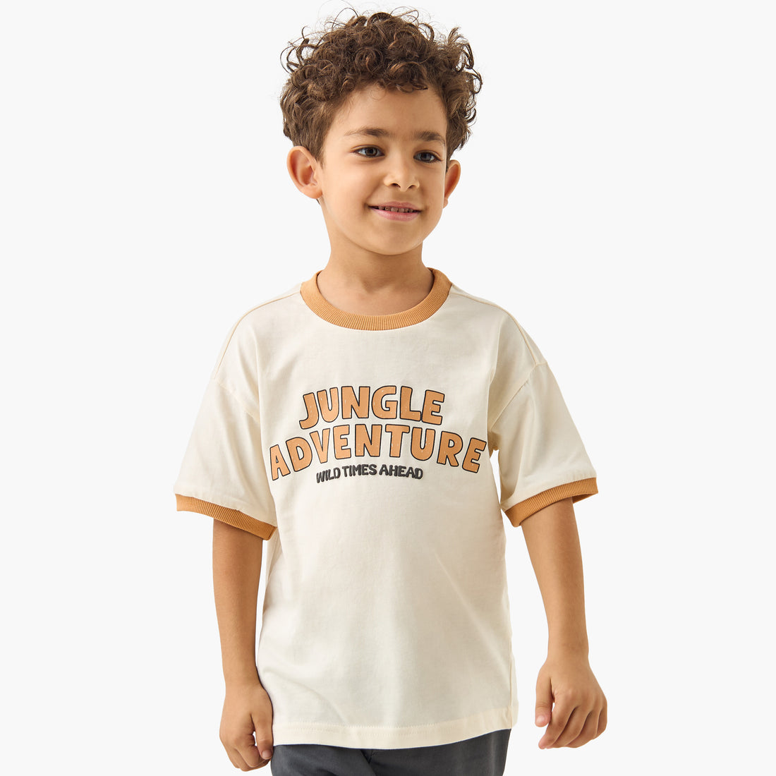Juniors Graphic Print Crew Neck T-shirt with Short Sleeves - Beige / 1-2 yrs