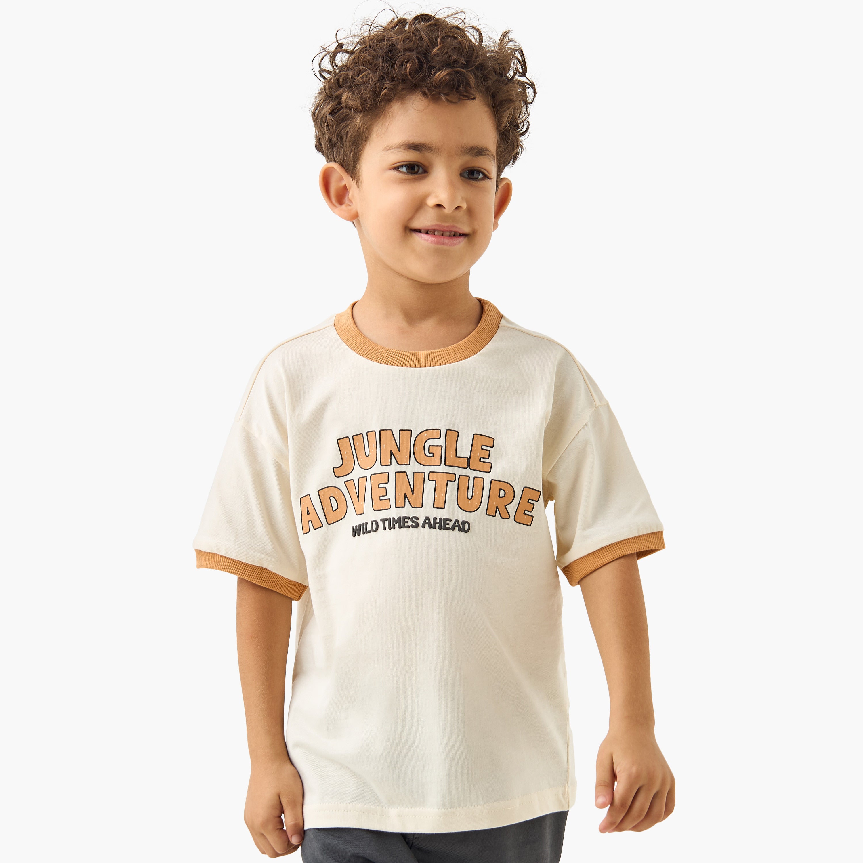 Juniors Graphic Print Crew Neck T-shirt with Short Sleeves - Beige / 1-2 yrs