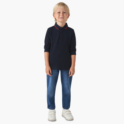 Juniors Collared Long Sleeves Polo T-shirt with Textured Design