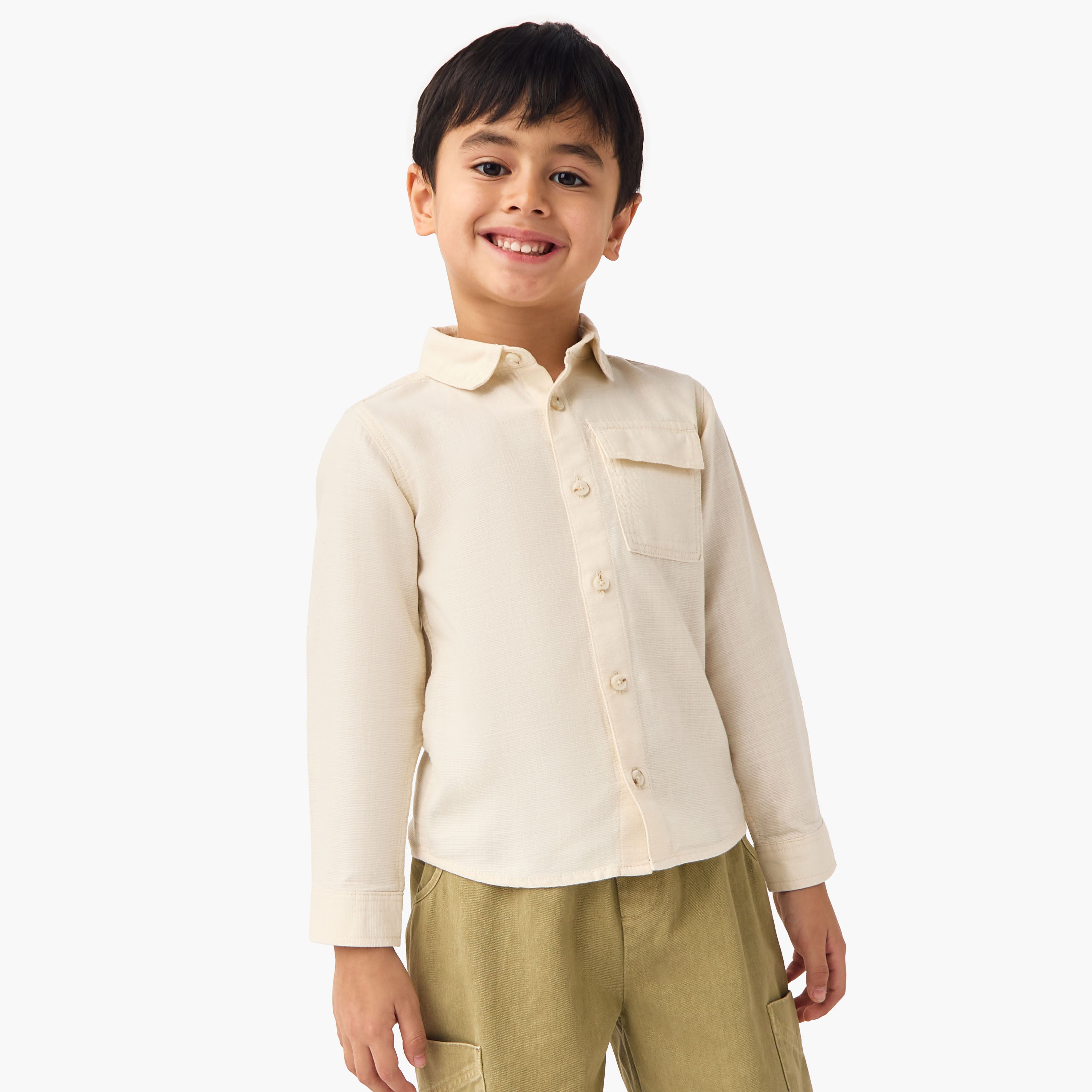 Juniors Textured Shirt with Long Sleeves and Chest Pocket - Beige / 1-2 yrs