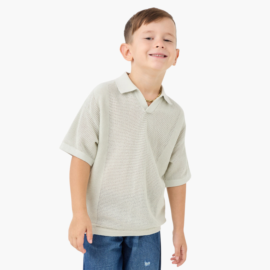 Juniors Textured Pullover with Collar and Short Sleeves - Grey / 1-2 yrs