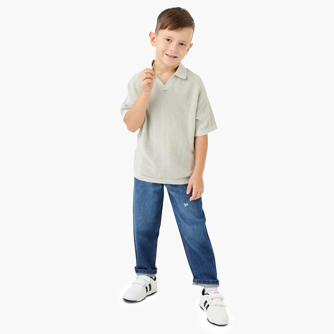 Juniors Textured Pullover with Collar and Short Sleeves