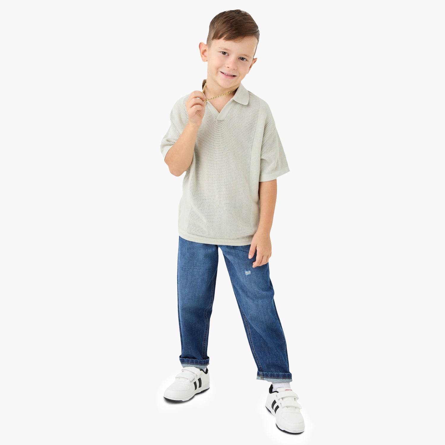 Juniors Textured Pullover with Collar and Short Sleeves