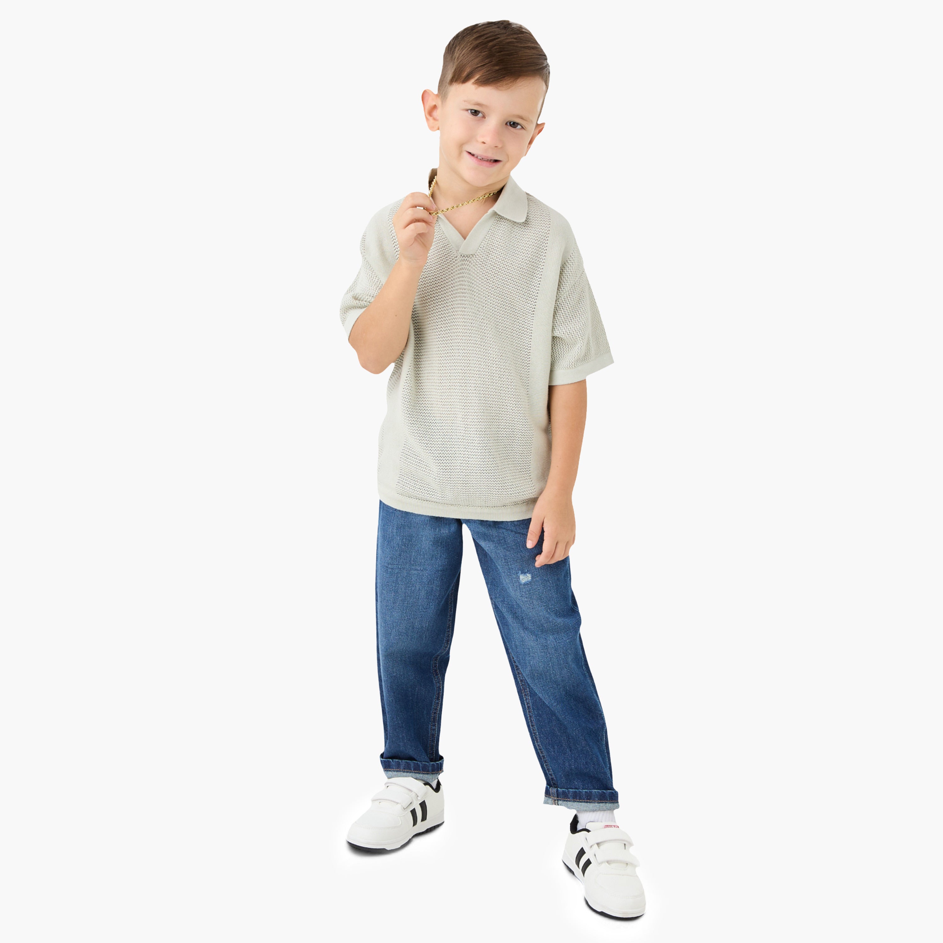 Juniors Textured Pullover with Collar and Short Sleeves