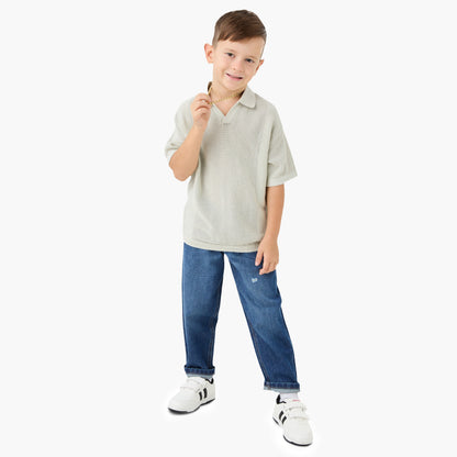Juniors Textured Pullover with Collar and Short Sleeves