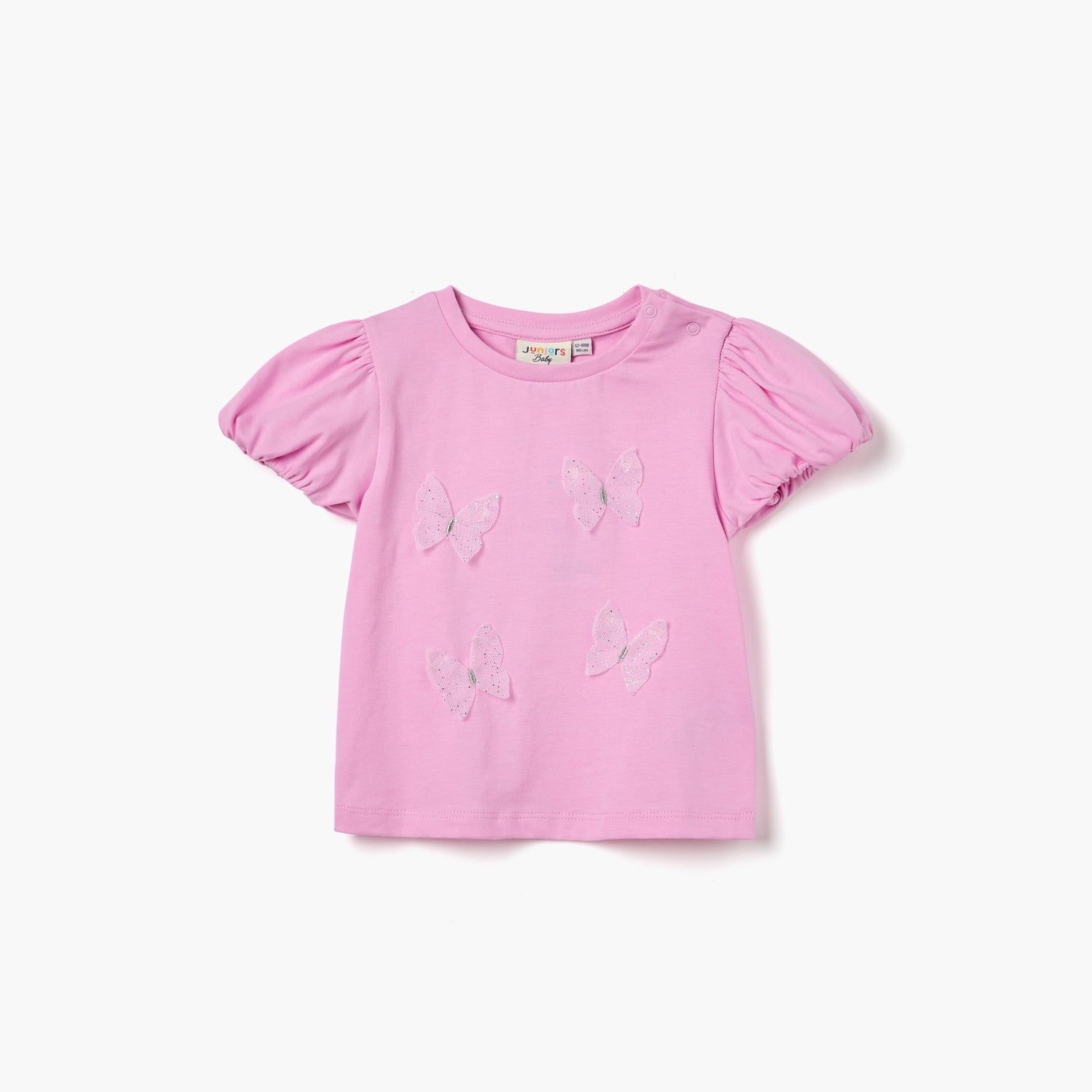 Juniors Butterfly Applique T-shirt with Puff Sleeves - Pink / 12-18 mths