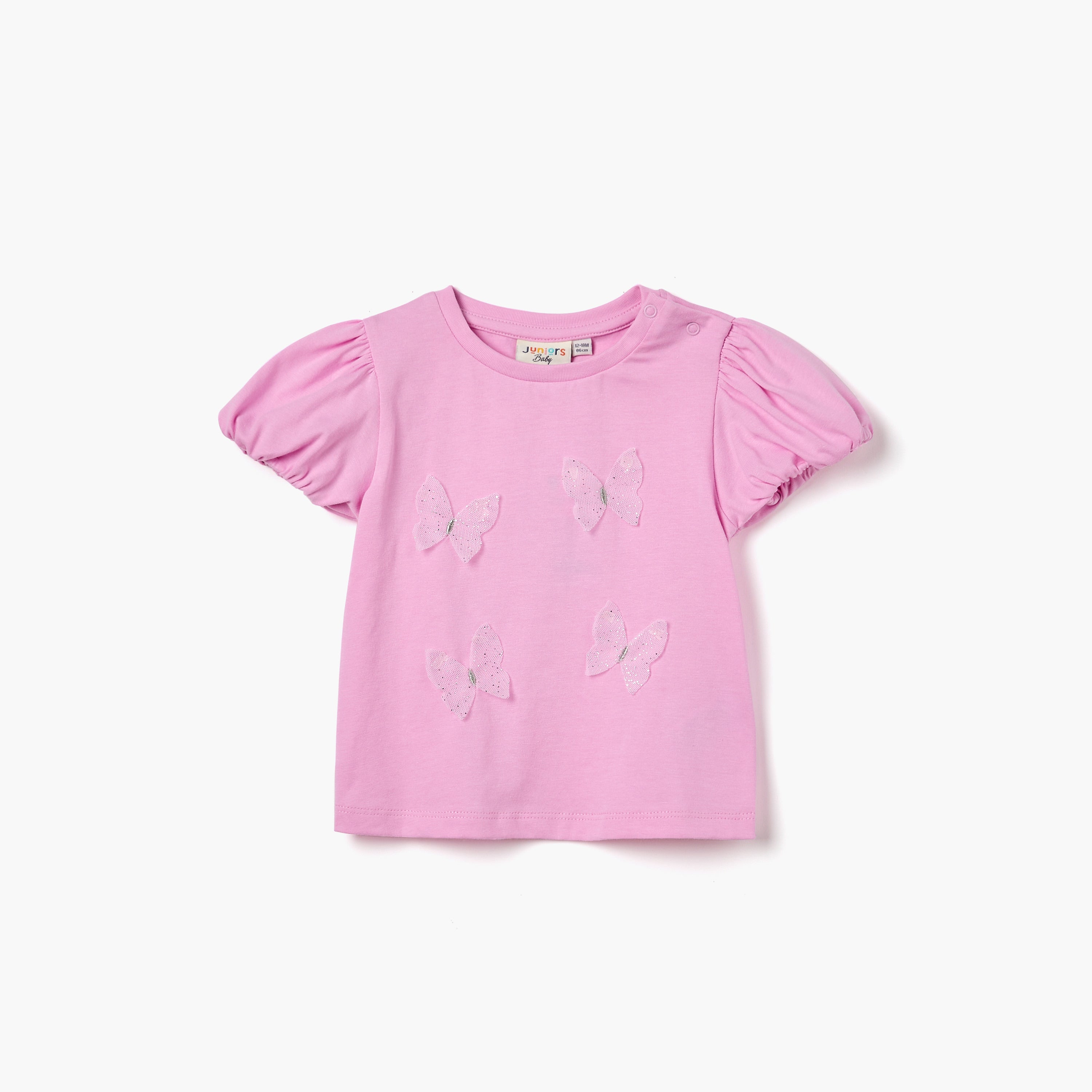 Juniors Butterfly Applique T-shirt with Puff Sleeves - Pink / 12-18 mths