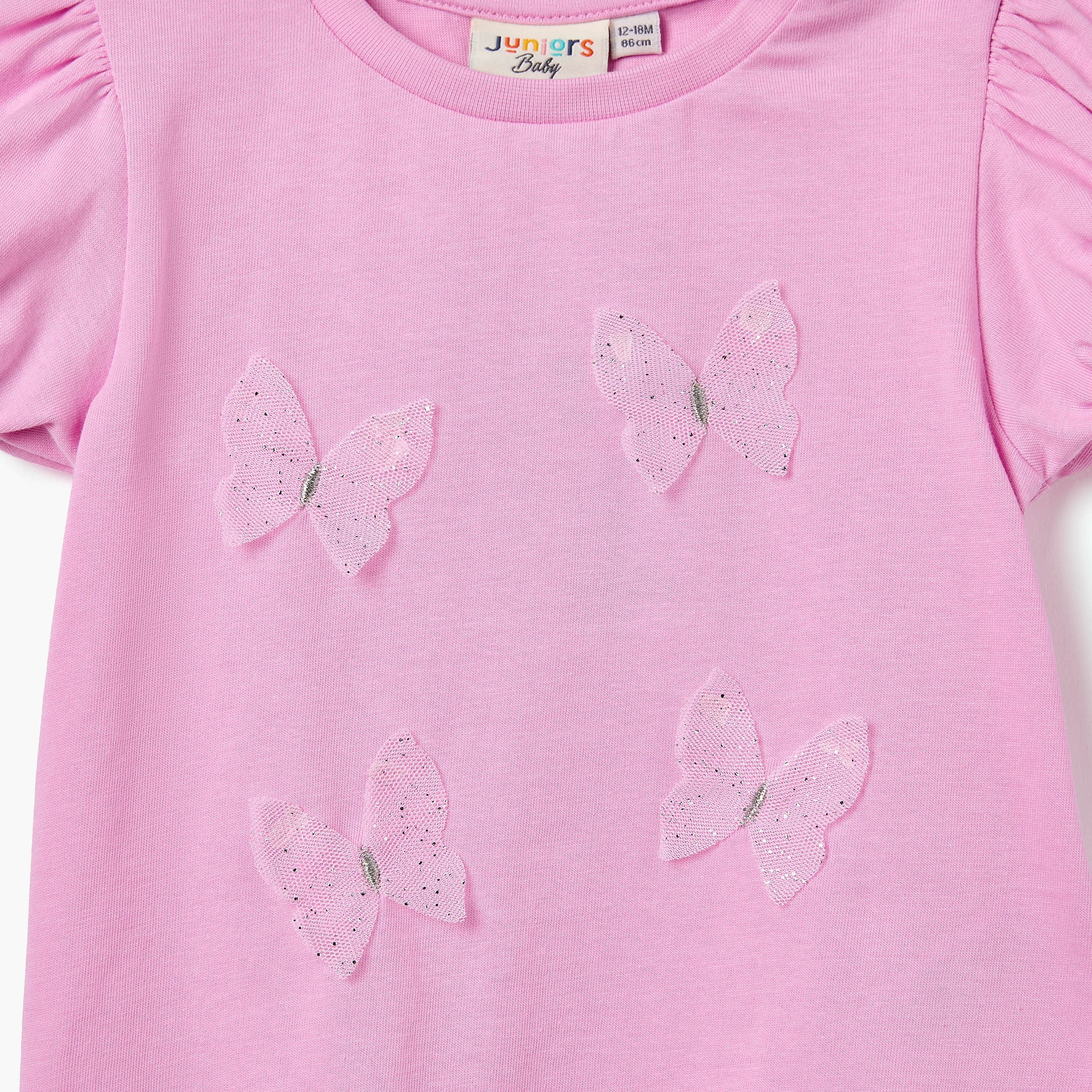 Juniors Butterfly Applique T-shirt with Puff Sleeves