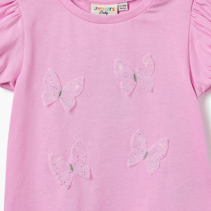 Juniors Butterfly Applique T-shirt with Puff Sleeves