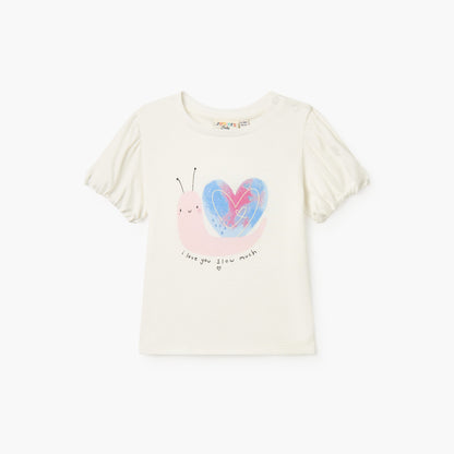 Juniors Snail Print T-shirt with Short Sleeves and Round Neck - Cream / 12-18 mths