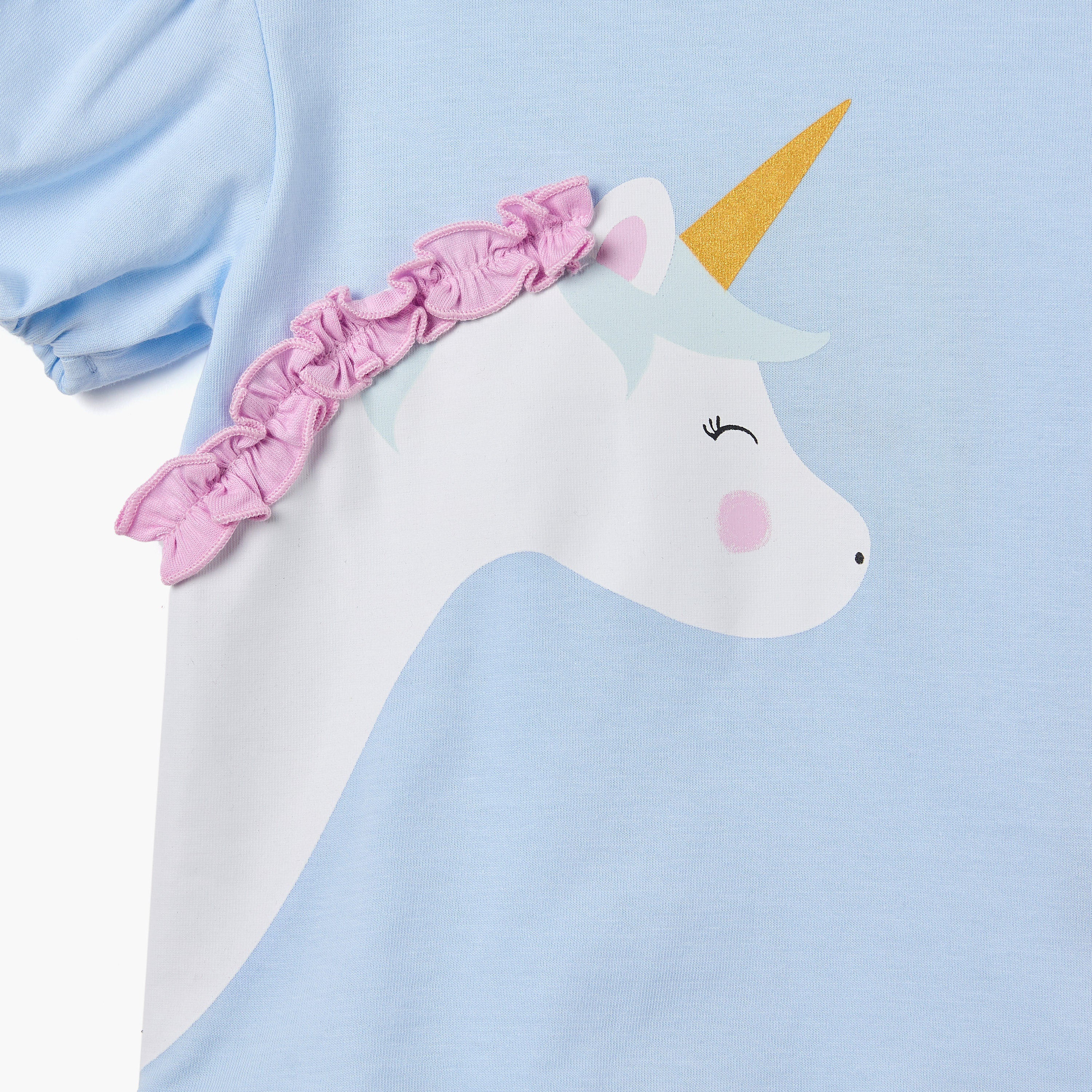 Juniors Unicorn Applique T-shirt with Puff Sleeves